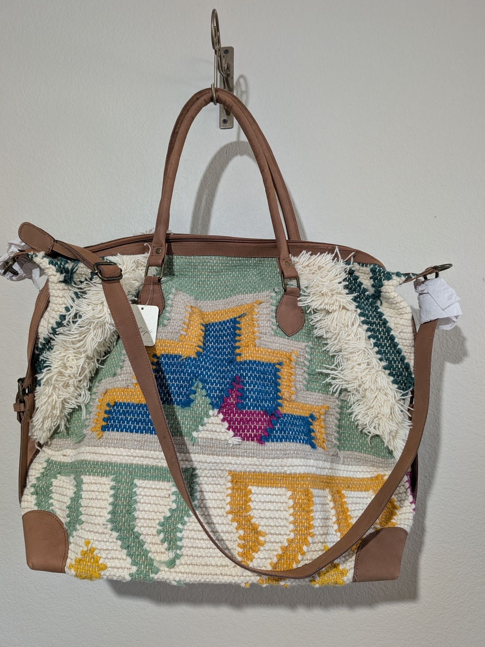 Free People Woven Fringe Leather Weekender Duffle Bag NWT